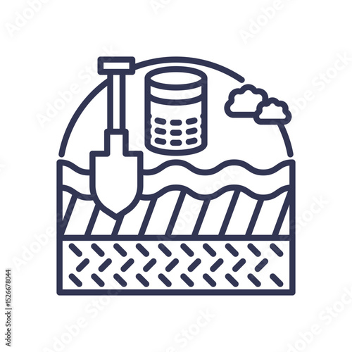 Illustration of field sampling with shovel, soil layers, and clouds.