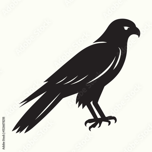 Minimalist vector illustration of a hawk or falcon in profile view, featuring sharp lines and solid black color for a sleek and modern design