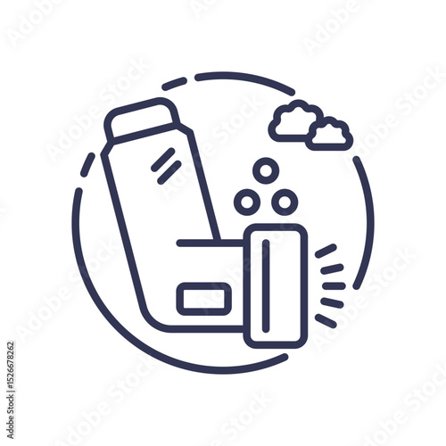 Illustration of an inhaler and pills symbolizing respiratory relief.