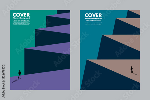 Abstract vector illustration of a person facing geometric cliffs with bold shadows and perspective. Modern conceptual background for cover design or creative storytelling.