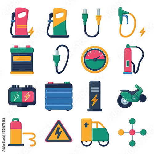 vector icons to vehicle fueling and charging a gasoline pump, an electric vehicle plug hydrogen mole