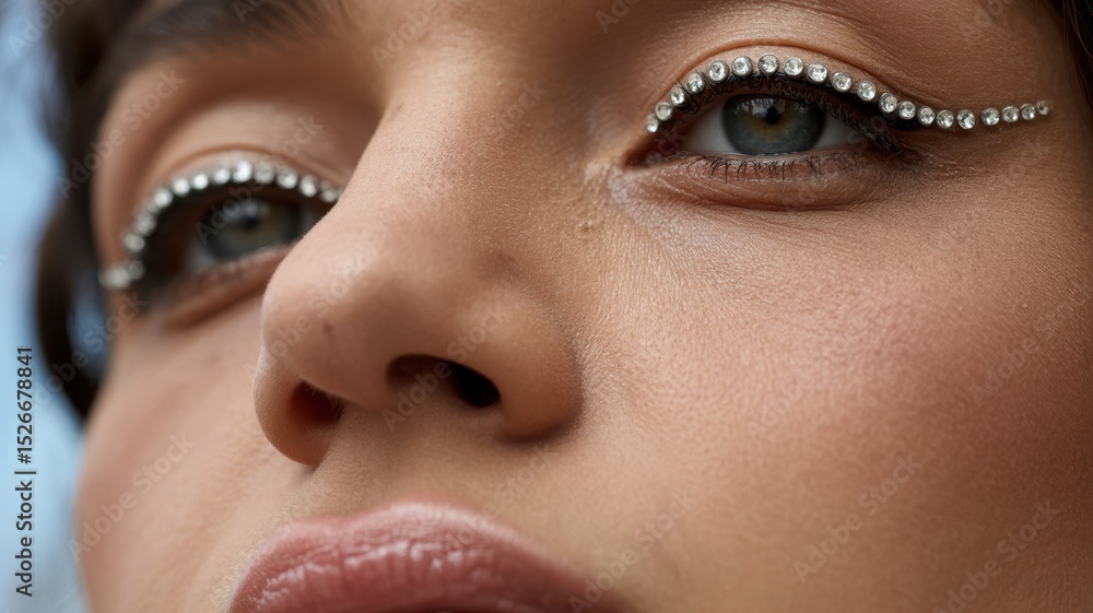 Naklejka premium Close-up of female with rhinestone eyeliner makeup look