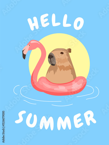 Capybara. Poster, banner. Hello summer, sea, swimming ring and capybara
