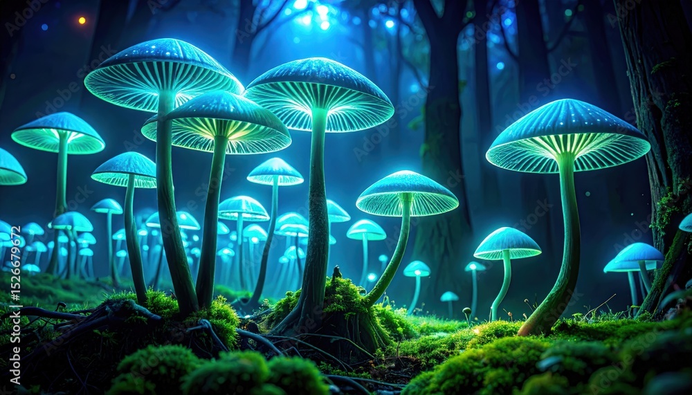Fototapeta premium Enchanted Forest Mushrooms: A whimsical and magical forest scene comes to life with luminous, glowing mushrooms, creating an ethereal and otherworldly atmosphere.