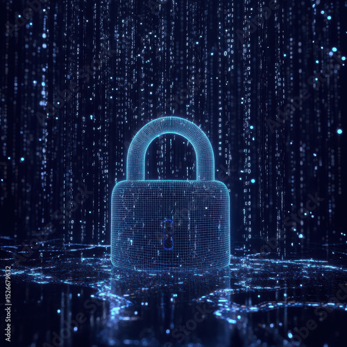 Wallpaper Mural The lock is centered on a dark background filled with vertical binary code (ones and zeros) streaming down in a digital rain effect. . High quality photo Torontodigital.ca