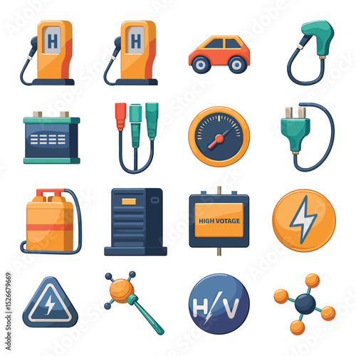 vector icons to vehicle fueling and charging a gasoline pump, an electric vehicle plug hydrogen mole