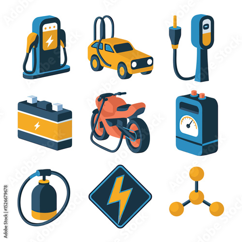 vector icons to vehicle fueling and charging a gasoline pump, an electric vehicle plug hydrogen mole