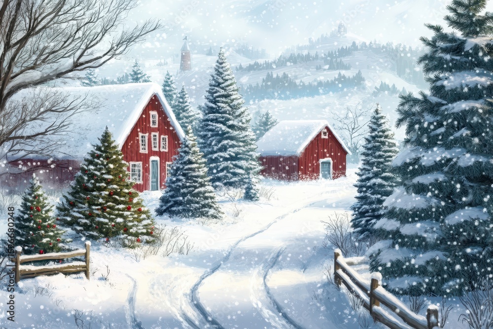 Naklejka premium Christmas Tree Farm in Winter Wonderland: Snow-covered Evergreen Trees