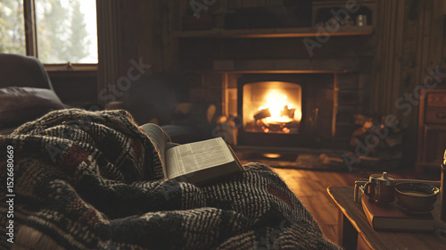 Foto Cozy Winter Evening Person Relaxing by Fireplace with Book and Blanket