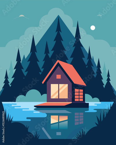 In a serene cabin tucked away in the woods a laptop serves as a gateway to the outside world while still being surrounded by the peacefulness of the river.. Vector illustration