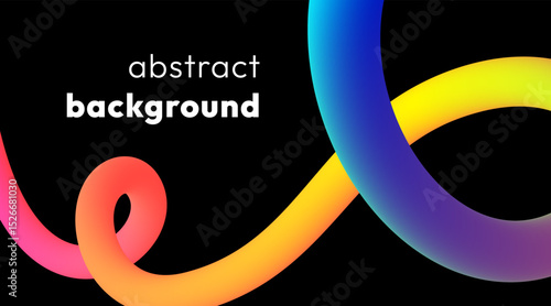 Vibrant abstract background with colorful wavy gradient line, smooth tubular shape on black backdrop. Fluid vivid rainbow ribbon with squiggly loops or spirals. Trendy dynamic futuristic banner