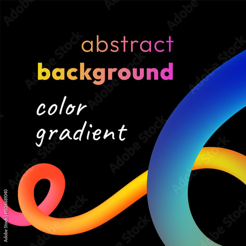 Vibrant abstract background with colorful wavy gradient line, smooth tubular shape on black backdrop. Fluid vivid rainbow ribbon with squiggly loops or spirals. Trendy dynamic futuristic banner