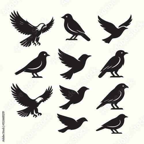 Set of nine vector bird illustrations in a minimalist style, ideal for icons, logos, patterns, and decorative graphic designs.