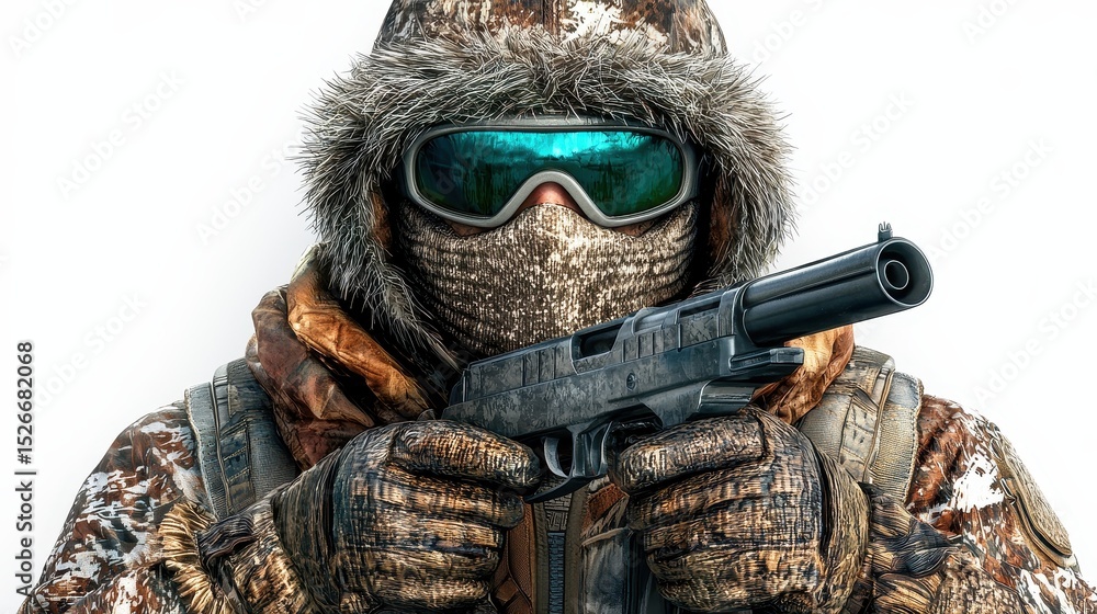 Person in Camouflage Parka and Balaclava Holding Firearm Against White Background Person in Camouflage Parka and Balaclava Holding Firearm Against White Background