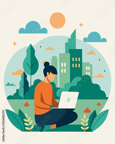 With only the sounds of nature surrounding me I am able to focus and be productive in my work free from the distractions of city life.. Vector illustration