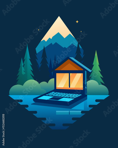 The only source of light in a secluded cabin is the screen of an open laptop the peacefulness of the surrounding riverbank only adding to the atmosphere of solitude.. Vector illustration