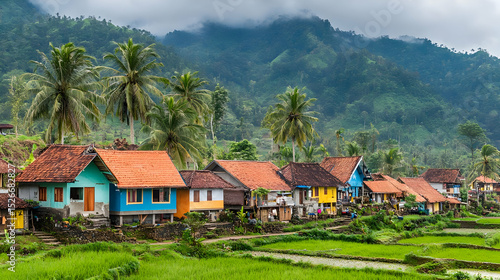 Wallpaper Mural Colorful Houses on Lush Green Hills in Tropical Village Torontodigital.ca