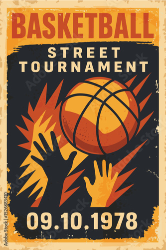 Street basketball grunge poster – retro flyer for basketball tournament vector banner