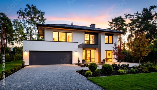 Modern house with twilight, and garden.