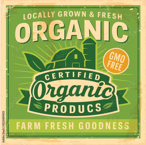 Farm fresh food retro label – vintage vector design for organic GMO-free healthy fruits