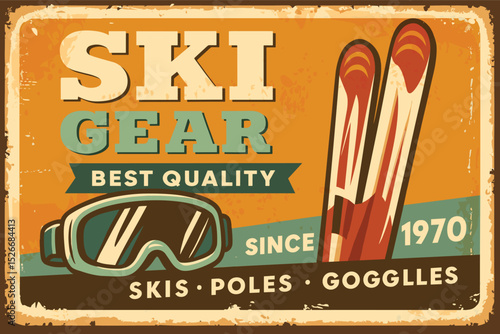 Ski rental retro sign – vintage winter sports poster for ski resort vacation