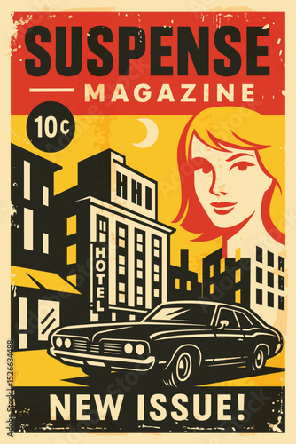 Detective comic book cover – vector illustration with girl and car on city street