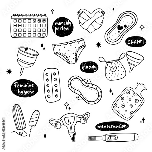 Set of feminine hygiene doodle hand drawn