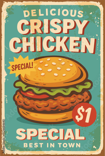 Chicken sandwich promotional poster – retro vintage food illustration on tin sign texture