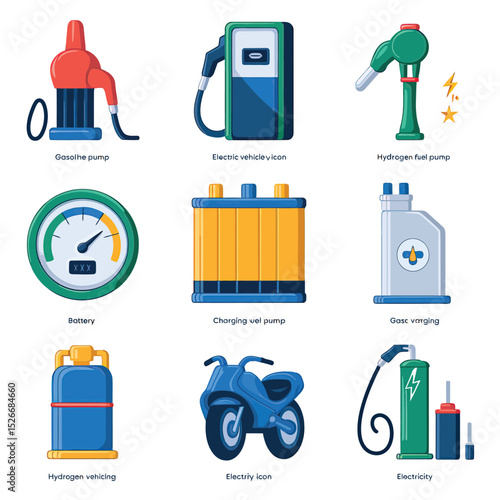 vector icons to vehicle fueling and charging a gasoline pump, an electric vehicle plug hydrogen mole