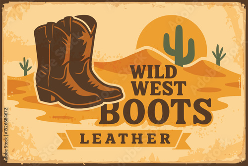 Leather footwear retro sign – cowboy boots and desert landscape vector advertisement