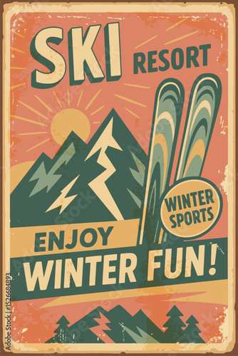 Ski rental retro sign – winter mountain design with skis for vacation concept