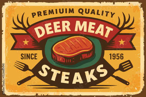 Grilled venison steak retro sign – vintage meat chop advertisement on yellow background
