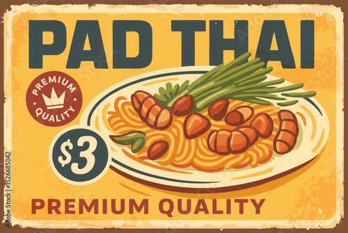 Pad Thai retro sign – delicious noodle meal restaurant menu vector illustration