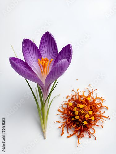 Flower crocus and dried saffron spice isolated on white background.