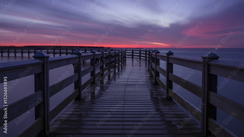 Fototapeta premium Serene sunset at wooden pier with vibrant sky and calm waters