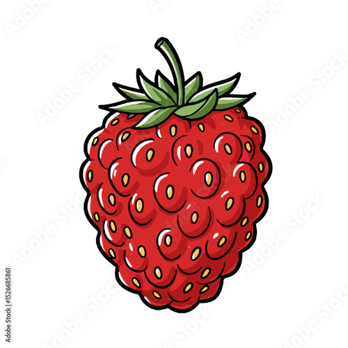 Fresh red strawberry illustration with green leaves on top  