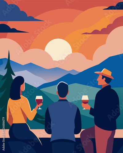 As the sun sets behind the distant hills a group of colleagues discuss project ideas while sipping on glasses of locally made wine.. Vector illustration