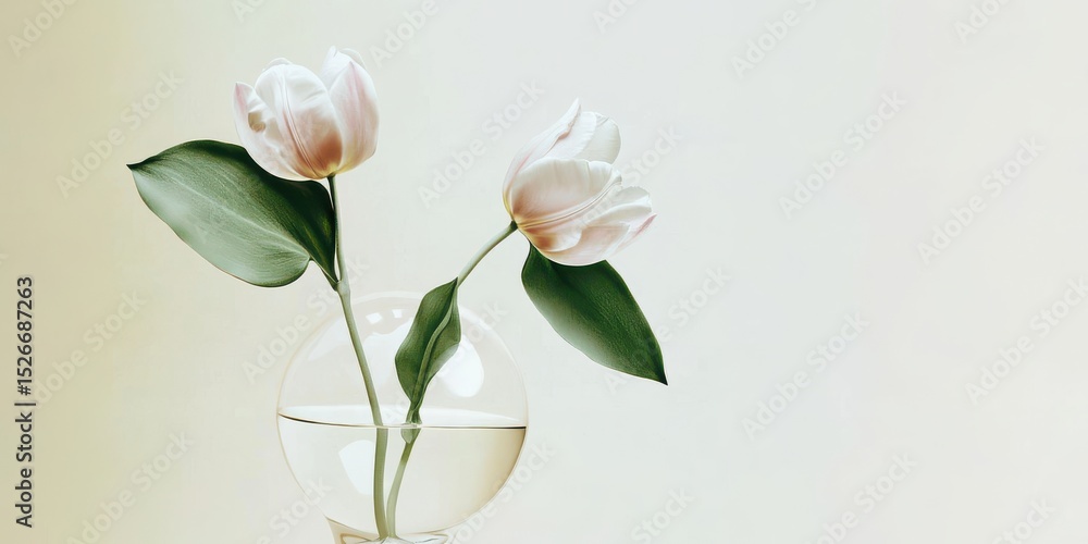 Fototapeta premium Elegant image of two pale tulips with green leaves placed in a clear round glass vase, set against a soft beige background. Copy space