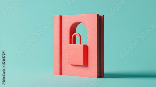 Coral Book with Padlock on Teal Background