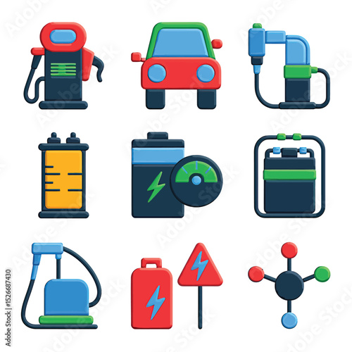 vector icons to vehicle fueling and charging a gasoline pump, an electric vehicle plug hydrogen mole
