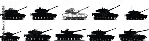 Military tanks silhouette vector illustration, armored vehicle row, modern battle tanks, army defense equipment, side view, isolated graphic
