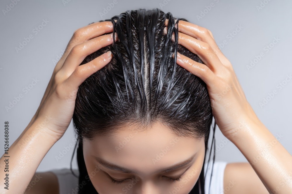 Fototapeta premium Woman massaging a hair treatment: A nurturing self-care ritual promoting healthy scalp and radiant hair with a focus on wellness and beauty.