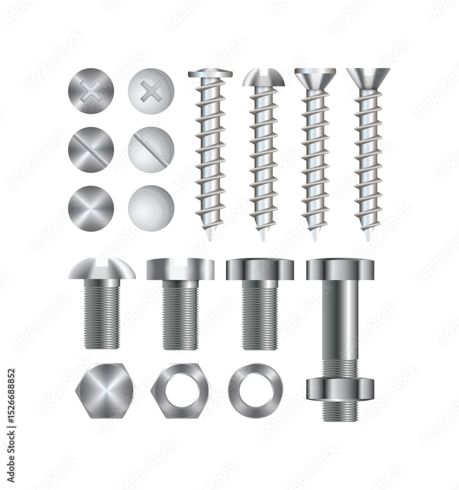 Realistic 3d vector screws, nuts, bolts, rivets and nails for fastening and fixing. Set of screws and self-tapping screws isolated on white background.