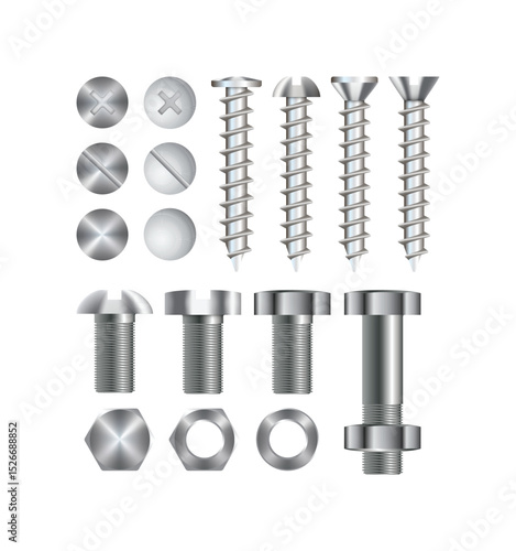 Realistic 3d vector screws, nuts, bolts, rivets and nails for fastening and fixing. Set of screws and self-tapping screws isolated on white background.