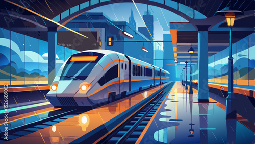 A modern commuter train arrives at a sleek, modern train station platform on a rainy evening, its headlights illuminating the wet tracks. : Generative .Very beautiful