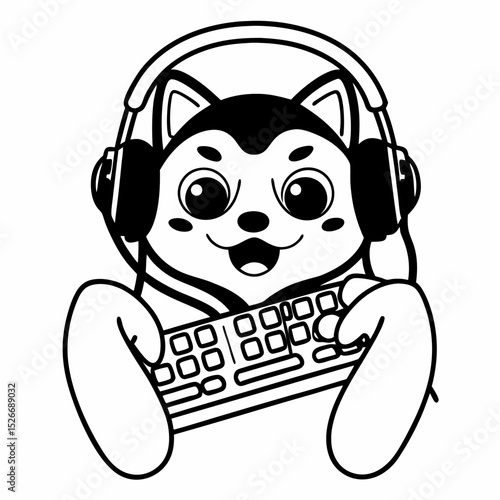Vector cute shiba inu Gamer Holding Keyboard With Headphone
