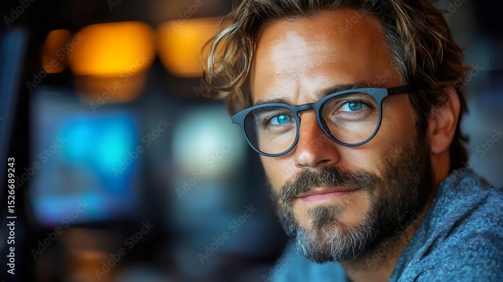A stylish man with glasses and a beard gazes confidently at the camera. A stylish man with glasses and a beard gazes confidently at the camera.