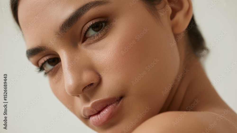 Fototapeta premium Close-up of young hispanic female with natural beauty and soft expression