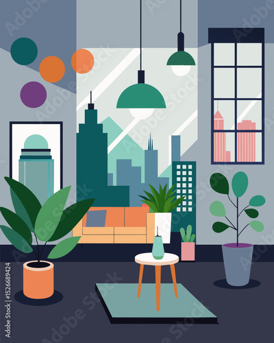 The minimalist design of the urban loft allowed the freelancers unique artwork and colorful plants to truly shine.. Vector illustration
