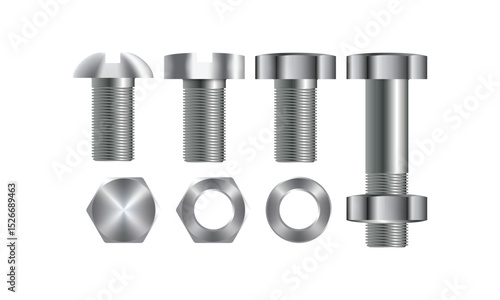 Screw-bolt icons set. Isometric set of screw-bolt vector icons for web design isolated on white background. Set of screws and self-tapping screws. Realistic 3d vector.